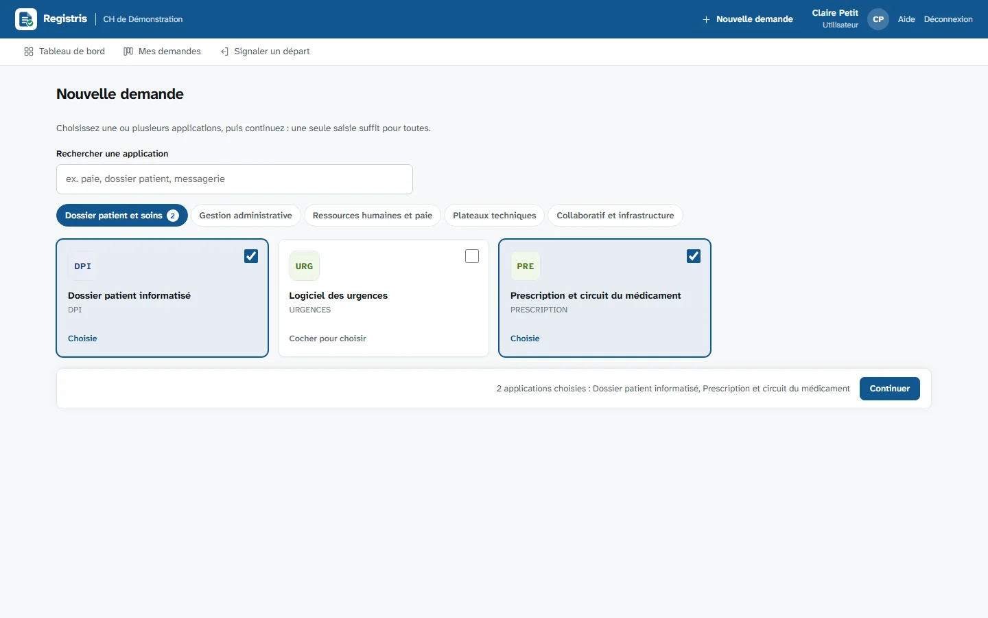 Nouvelle demande dans Registris : choix des applications au catalogue
