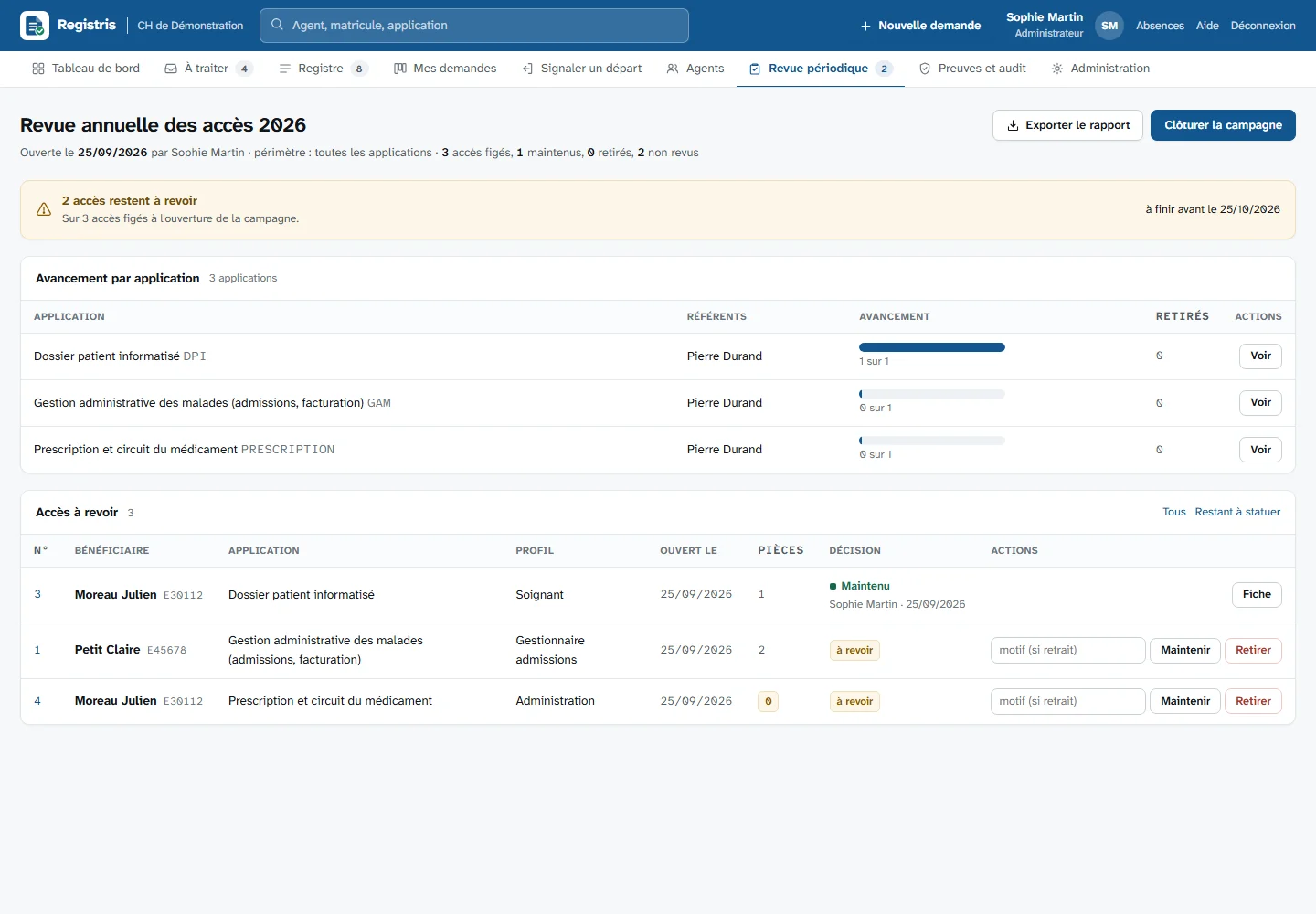 Revue périodique dans Registris : avancement par application et accès à revoir